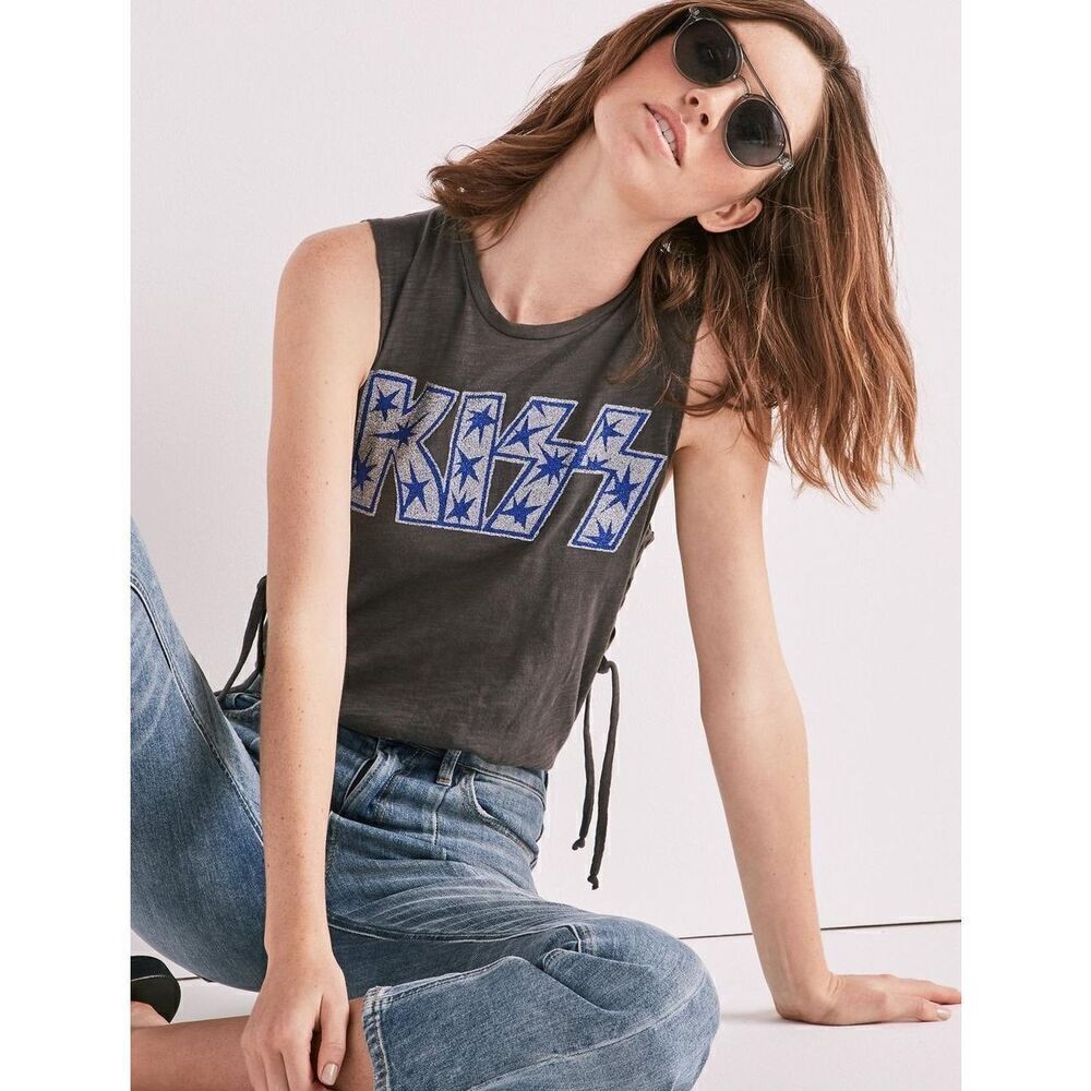 Lucky Brand KISS Band Tank Glitter Lettering Star Tank Side Tie Grey Size Large